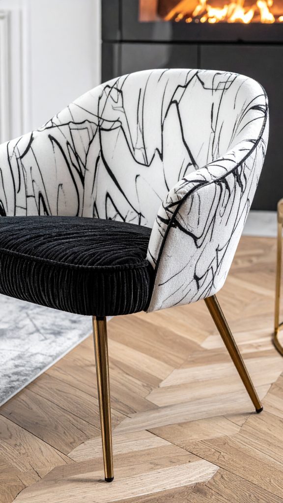 firefly a modern accent chair in a stylish living room setting, featuring a bold mixed fabri 808101