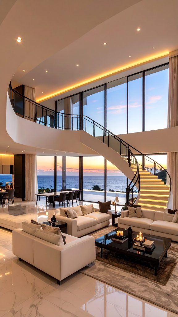 firefly ultra luxurious modern living room interior at sunset, featuring a grand double heig 79395