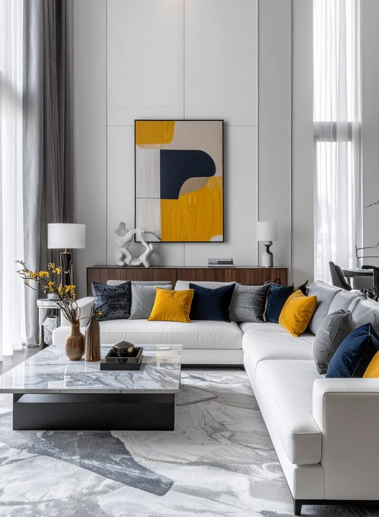 firefly “a luxurious modern living room interior with a large white sectional sofa, styled wi 608859