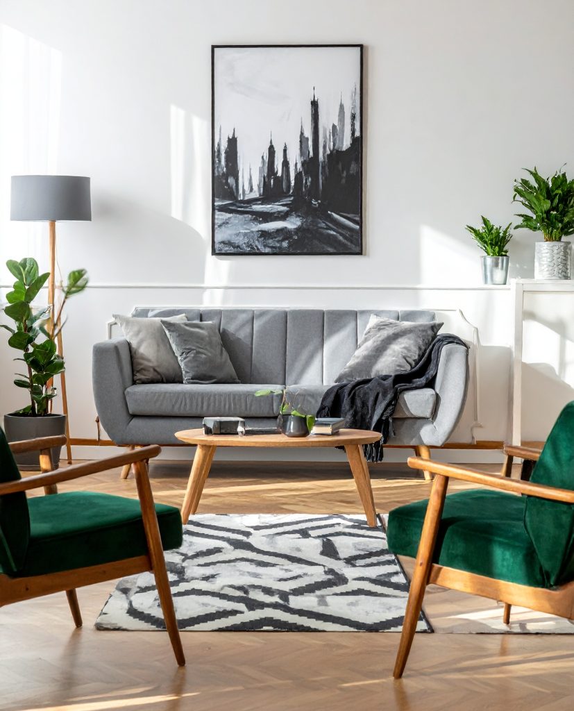 firefly “a modern minimalist living room with a scandinavian inspired design. a gray sectiona 654176