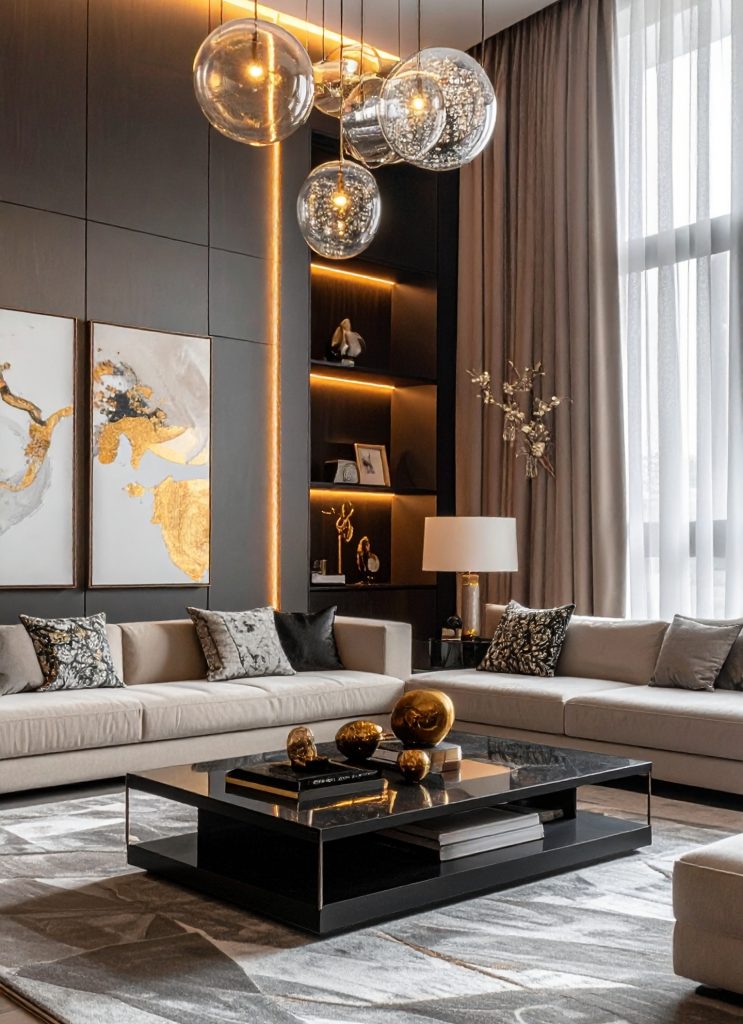 firefly “luxury modern living room interior with a neutral beige sofa decorated with patterne 608859