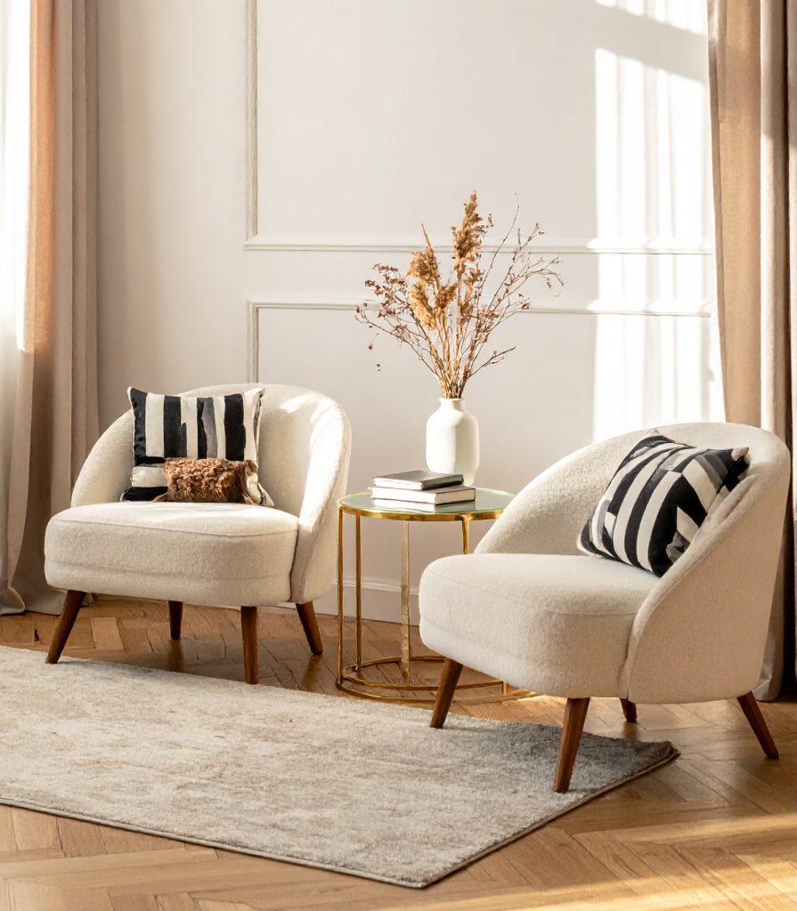 firefly a modern cozy seating corner with two rounded cream colored armchairs featuring wood 654176