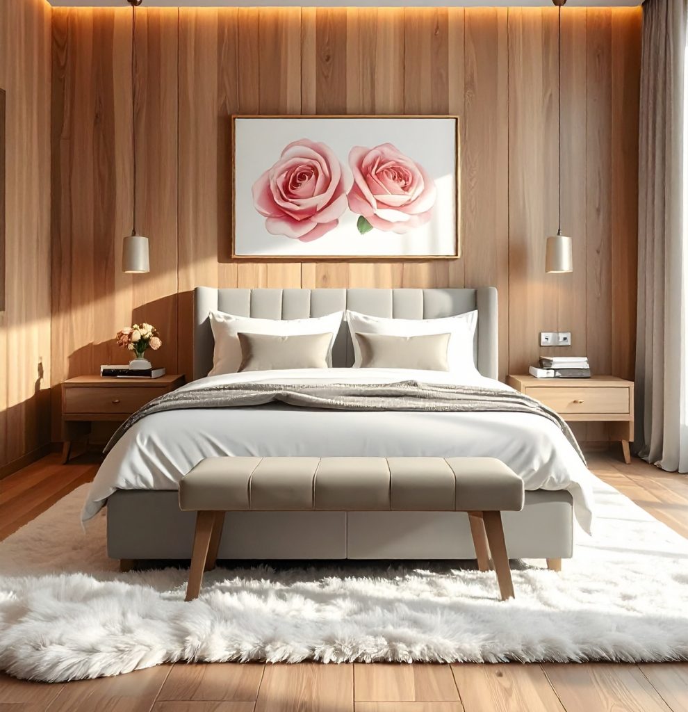 firefly a photorealistic modern bedroom with a king size upholstered bed, white linens, neut 97235