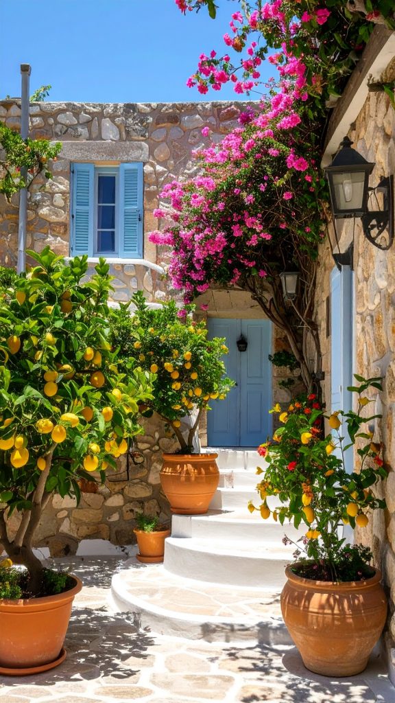 firefly charming mediterranean courtyard with stone walls and light blue shutters, surrounde 486134