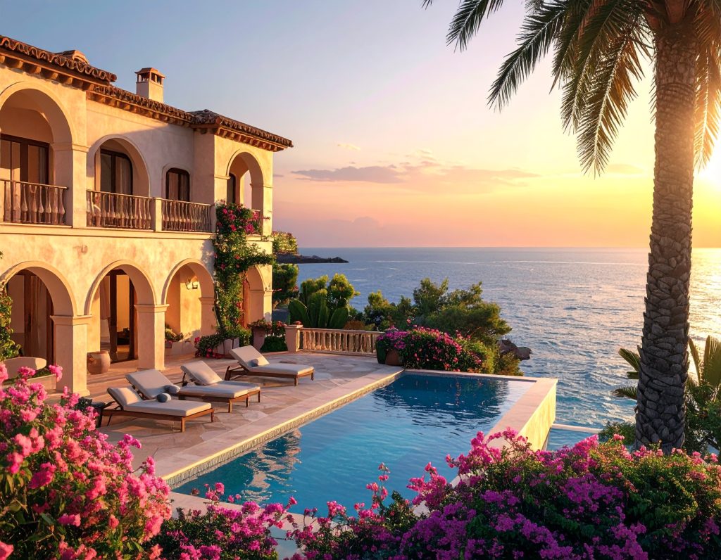 firefly luxury mediterranean villa with arched balconies, terracotta tiled roof, and stucco 321171