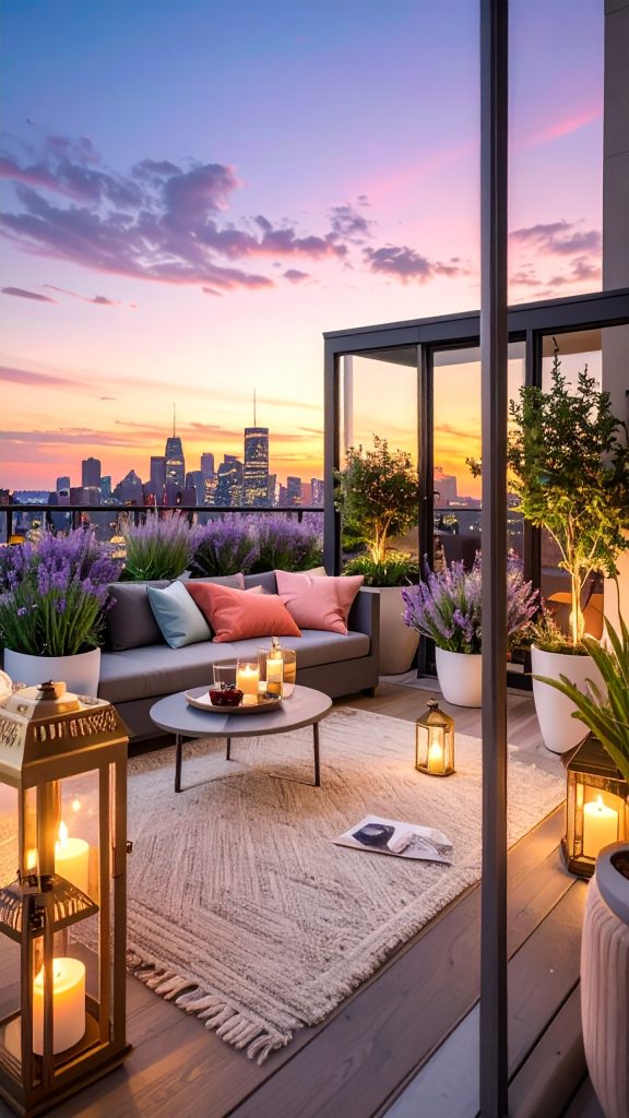 firefly modern city balcony at sunset with a cozy, stylish aesthetic. a grey l shaped outdoo 115548