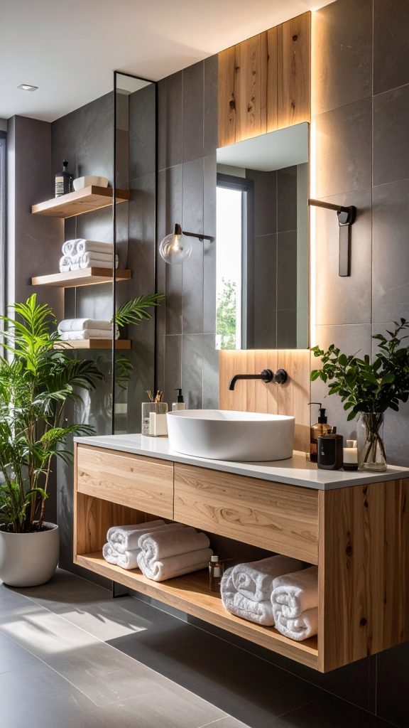 firefly modern minimalist bathroom interior with natural wood vanity and open shelving, styl 445585