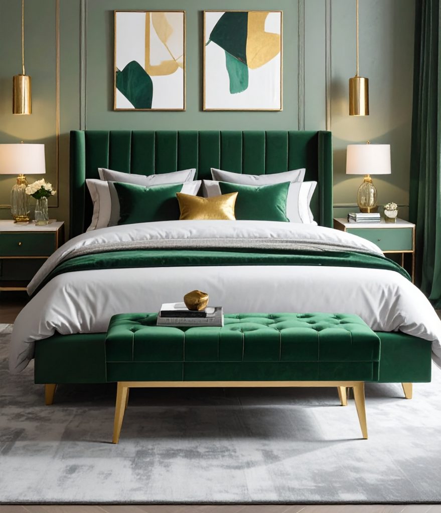 firefly a luxurious modern bedroom interior with a sophisticated green and gold color palette 97235