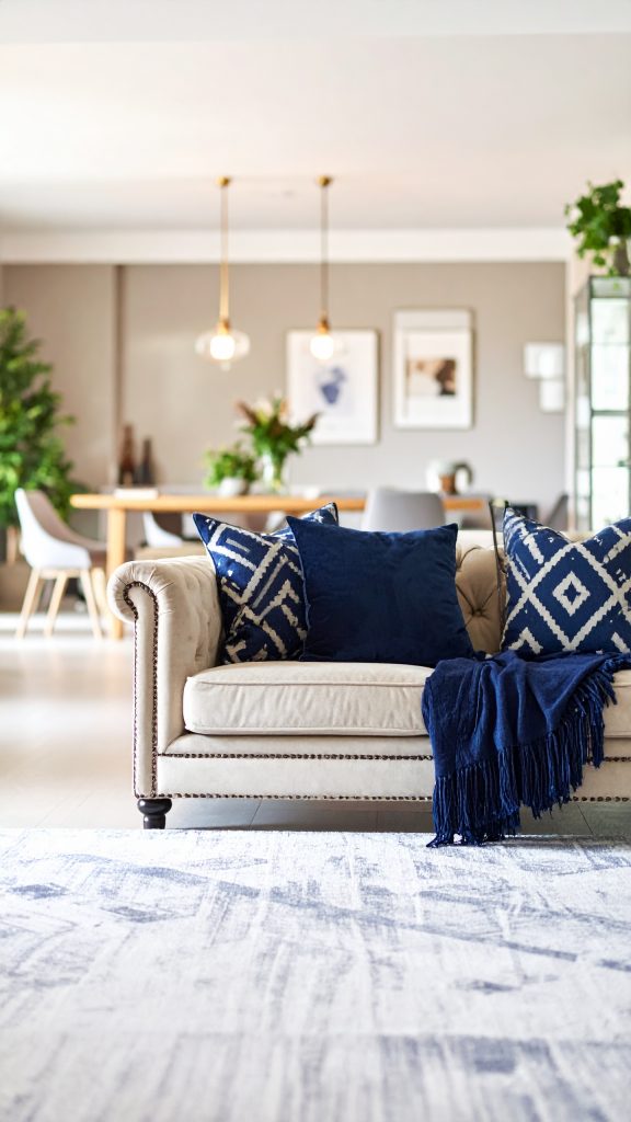 firefly “cozy beige sofa with nailhead trim, styled with multiple navy blue and white geometr 855777