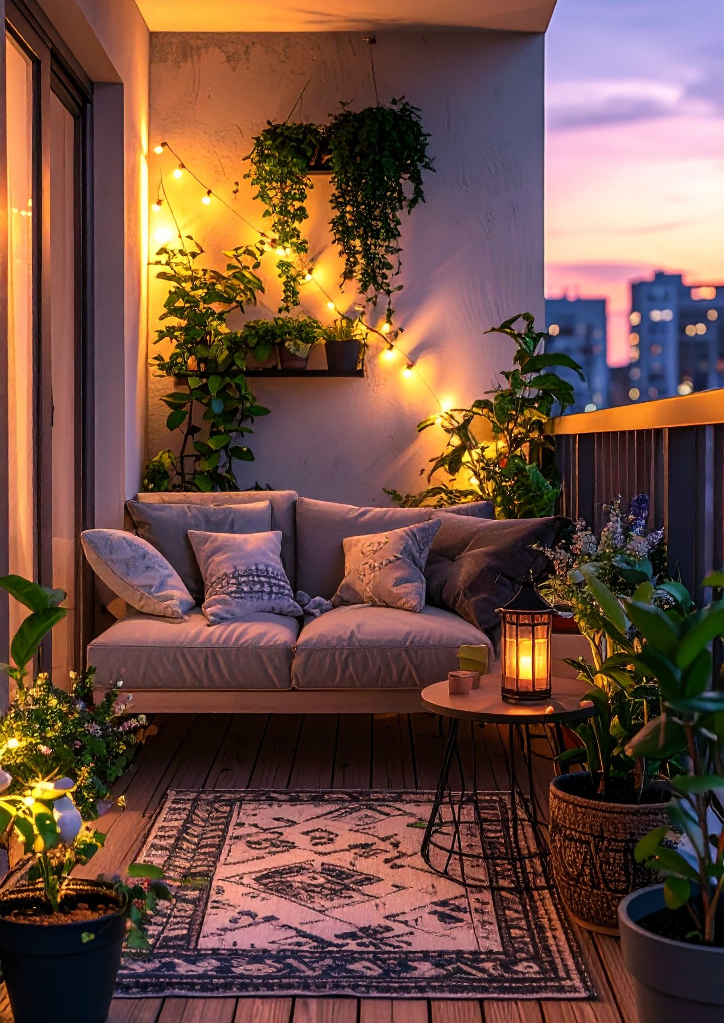 Firefly Cozy Modern Balcony Decorated With Soft Evening Lighting And Warm Ambiance. A Cushio 956198 E1759930712801