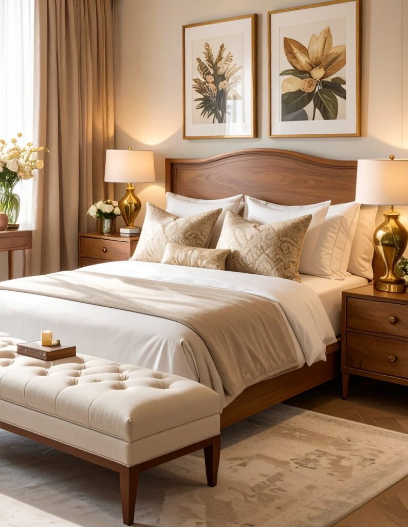firefly “elegant modern bedroom interior design with a warm and cozy atmosphere, featuring a 726791