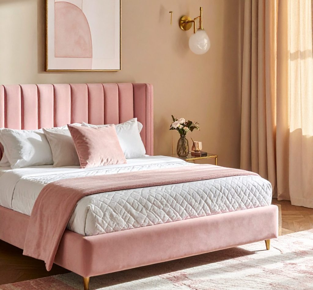firefly elegant modern bedroom with a soft and cozy aesthetic, featuring a blush pink upholst 608859