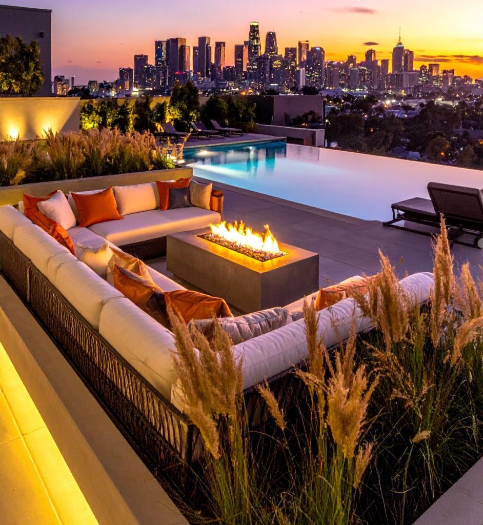 firefly “luxury rooftop terrace with a modern fire pit lounge, cozy white sectional sofas dec 960318