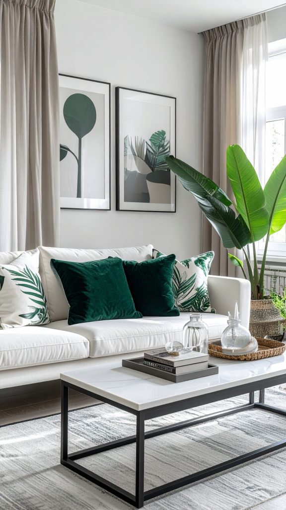 firefly “modern cozy living room with a clean white sofa decorated with deep green velvet and 608859