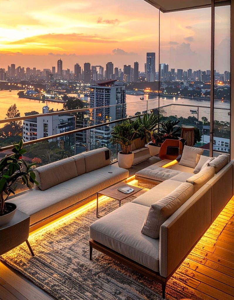 firefly a modern balcony offers panoramic city and water views at sunset. it features a low 654176